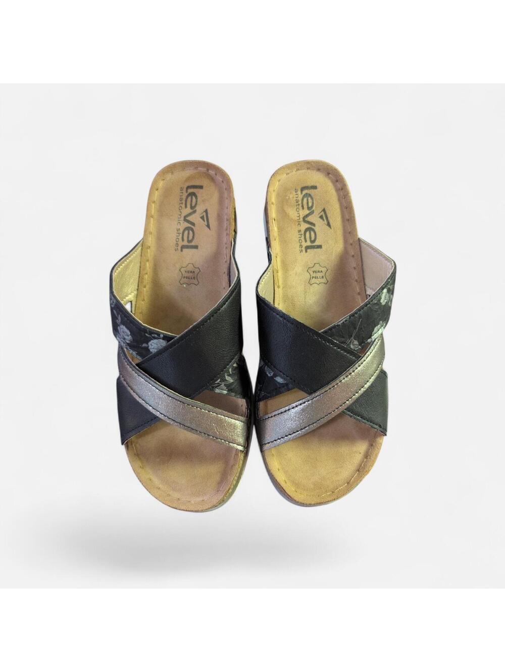 Level Anatomic Shoes Women's Cross Strap Sandal Black/Silver 7.5 Leather NWT